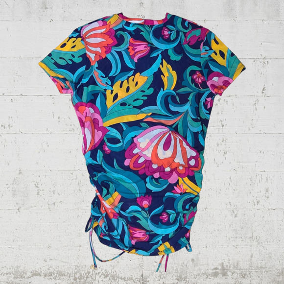 Trina Turk Retro Floral Mesh Crewneck Cinch Hem Swimsuit Cover Up Size Small - Picture 9 of 9